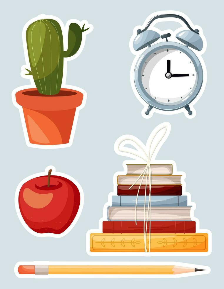 leerzaam pleisters, insignes, stickers, logo's. een reeks van stickers Aan de thema van opleiding, school, studie.vector school- illustraties van boeken, appel, alarm klok, potlood, huis fabriek vector