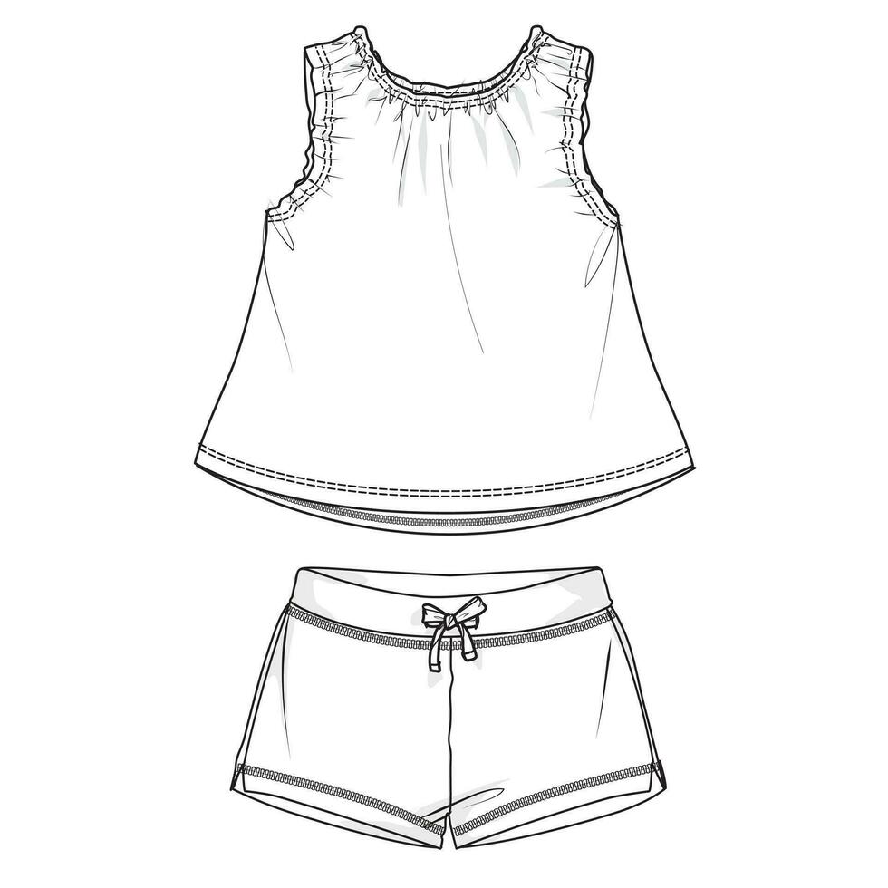 baby meisjes tops blouse jurk en shorts technisch tekening mode vlak schetsen vector illustratie sjabloon