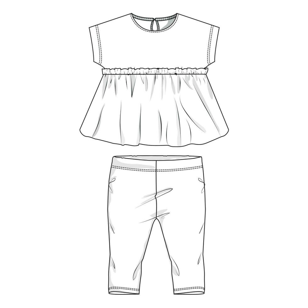 baby meisjes tops blouse jurk en broek technisch tekening mode vlak schetsen vector illustratie sjabloon