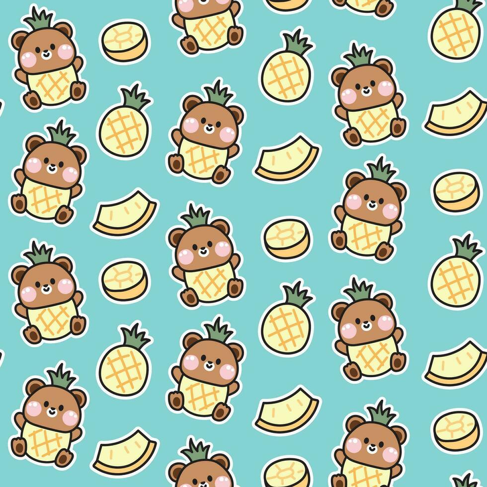 naadloos patroon van schattig teddy beer in ananas kostuum achtergrond.wild dier karakter tekenfilm design.zomerfruit.baby kleding afdrukken scherm.kawaii.vector.illustratie vector