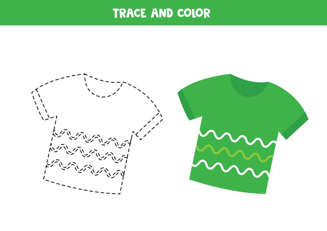 spoor en kleur tekenfilm groen t shirt. werkblad voor kinderen. vector