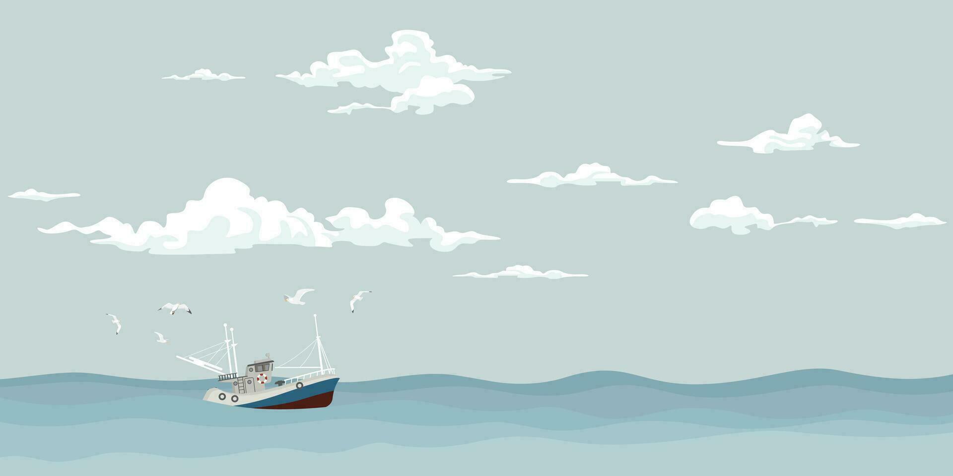 zeegezicht met visvangst boot gevolgd door meeuwen Bij horizon vector illustratie. oceaan met schip, lucht en wolken achtergrond.