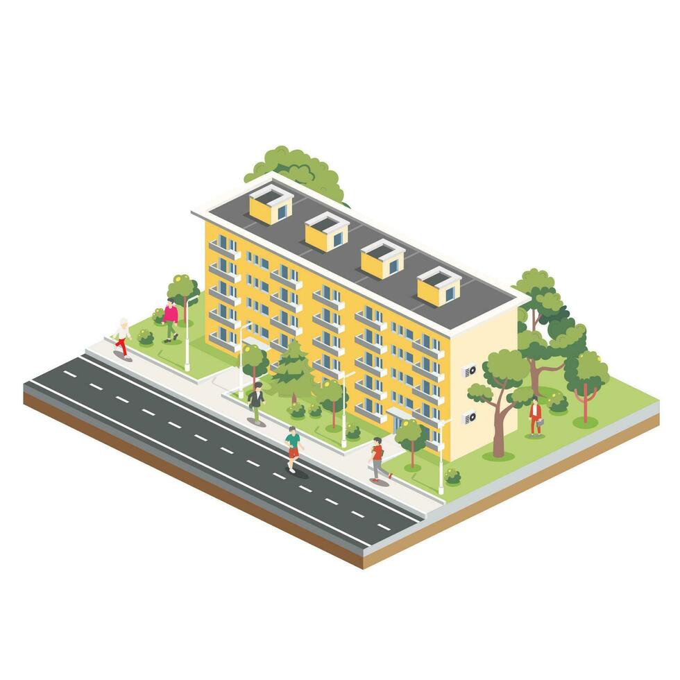 isometrische woon- vijf verdieping gebouw met mensen, weg en bomen. icoon of infographic element. stad huis. bouwkundig symbool geïsoleerd Aan wit achtergrond. 3d voorwerp. vector