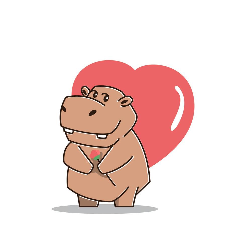 schattig groot nijlpaard nijlpaard verliefd hart bloem mascotte karakter cartoon vector