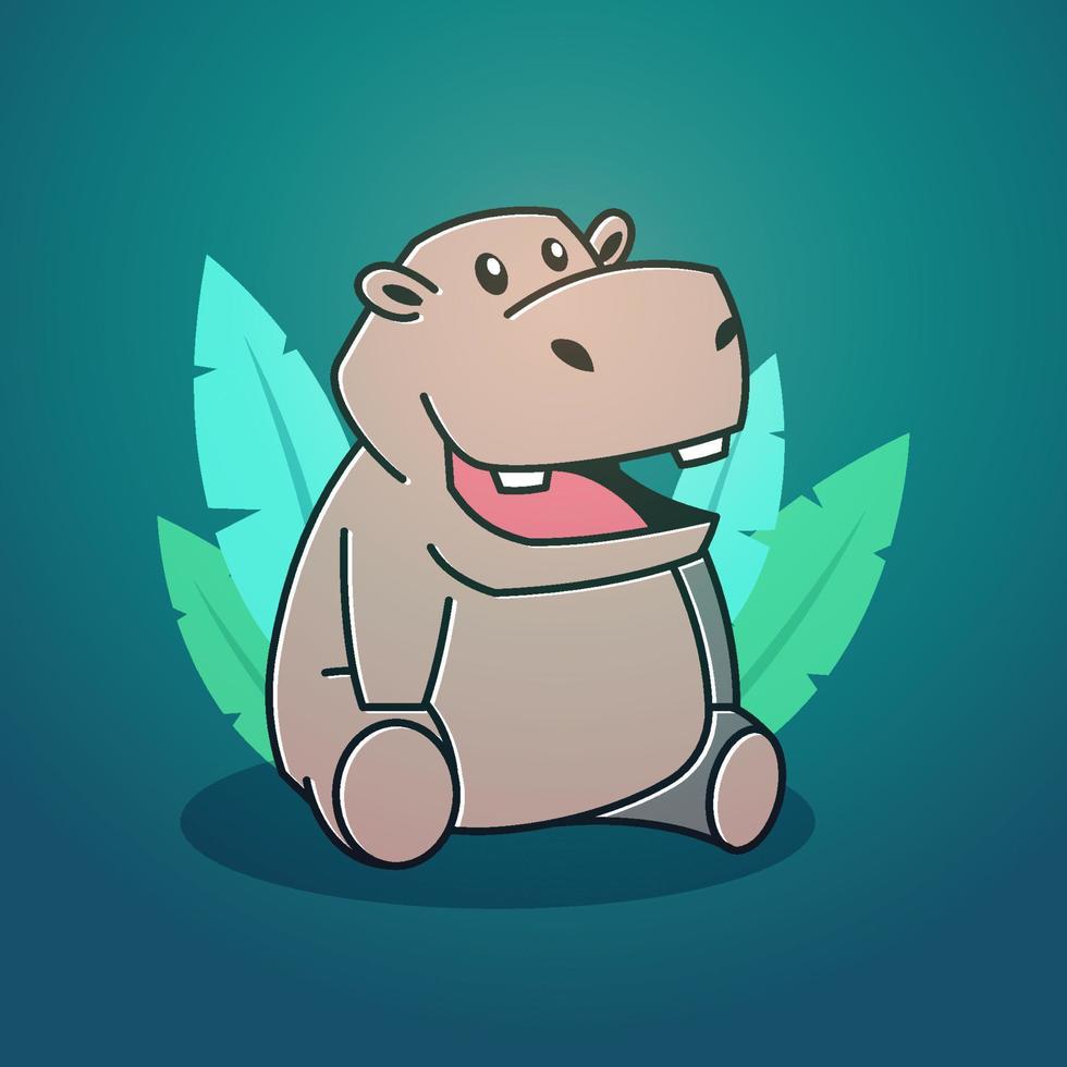 schattig gelukkig groot nijlpaard nijlpaard zittend bladeren mascotte karakter cartoon vector