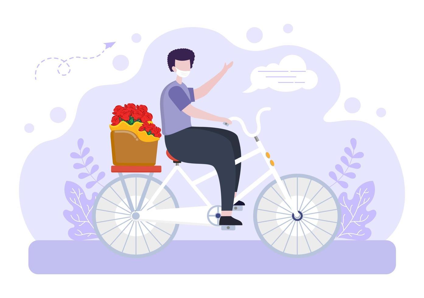 bloemenbezorgservice online bedrijf met koerier die een boeket bloemen vasthoudt met behulp van vrachtwagens, auto's of motorfietsen. achtergrond vectorillustratie vector