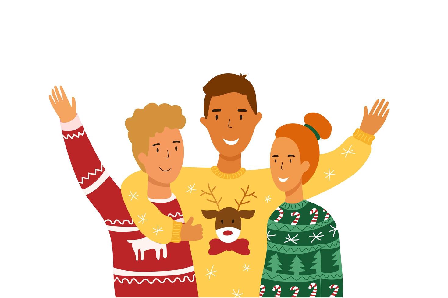 lelijk kersttrui feest. jonge mensen knuffelen. vector illustratie