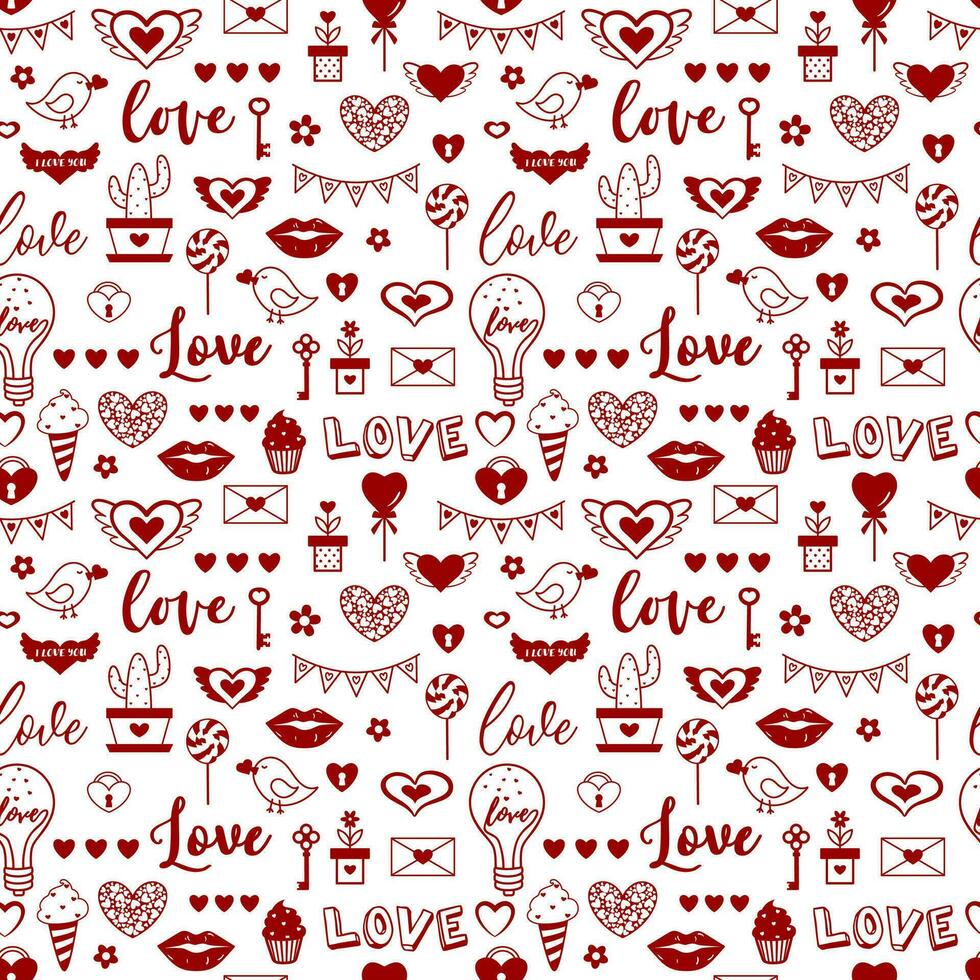 rood hand- getrokken liefde harten en verschillend Valentijn dag romantisch naadloos patroon . vector tekening liefde geïsoleerd ontwerp Aan wit achtergrond.