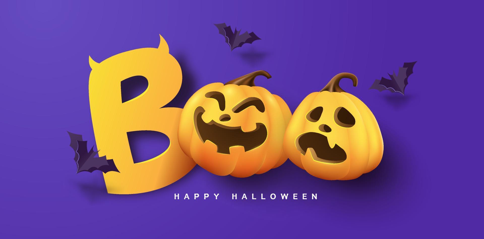 halloween bannerontwerp met papier gesneden boo typografie en pompoenen feestelijke elementen vector