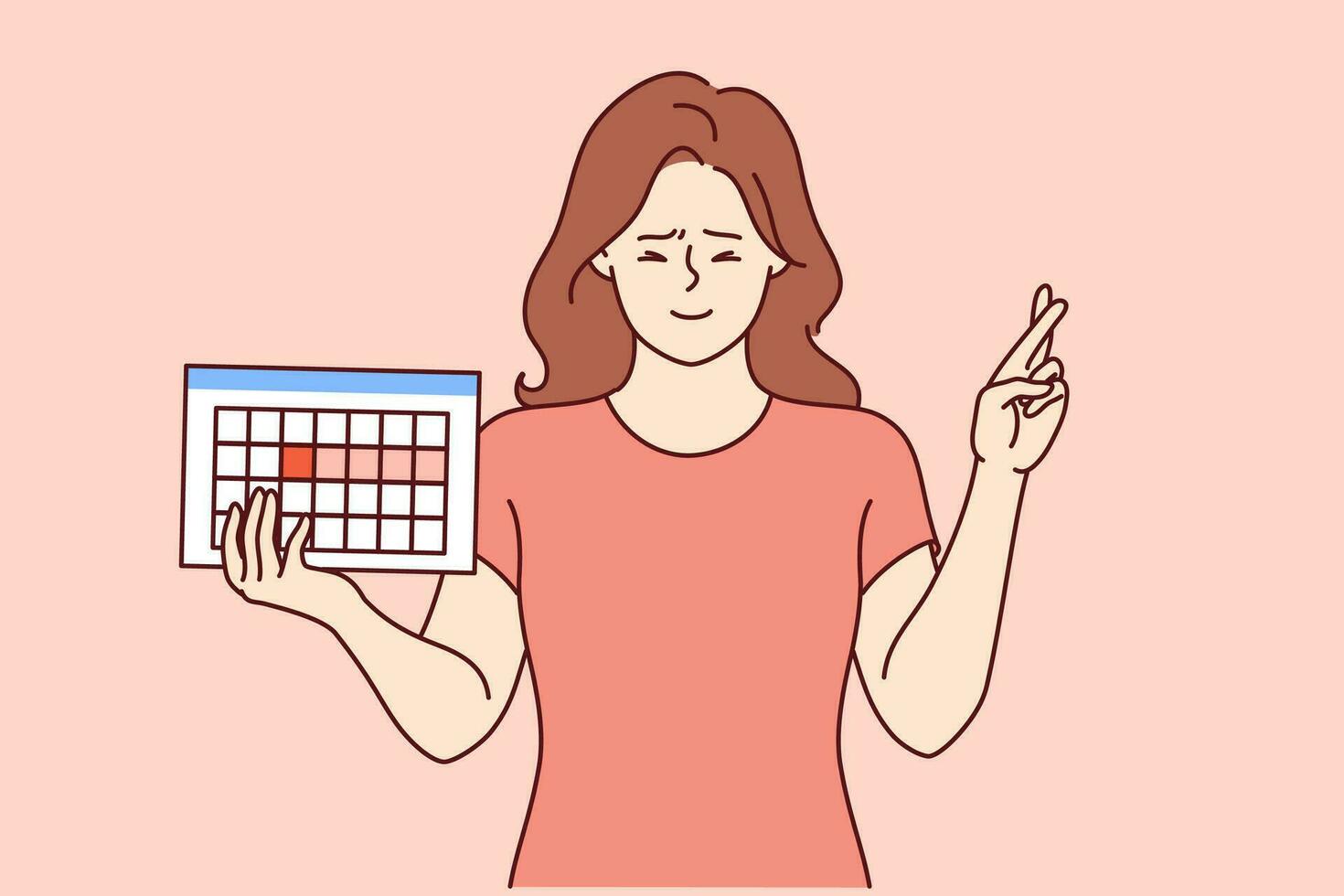 vrouw hormonaal kalender in handen meisje kruispunt vingers in hoop van met succes zwanger worden kind. hormonaal kalender voor bijhouden menstruatie- cycli en genetisch behoeften voor Dames wensen naar worden zwanger vector