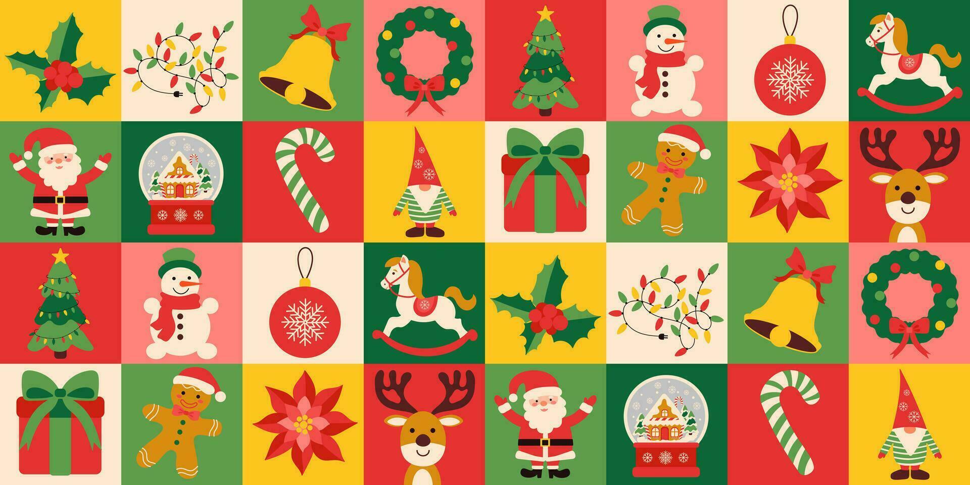 Kerstmis pictogrammen elementen met meetkundig patroon. vector vlak ontwerp voor poster, kaart, behang, poster, banier, verpakking. de kerstman claus, rood Kerstmis bal, lint boog