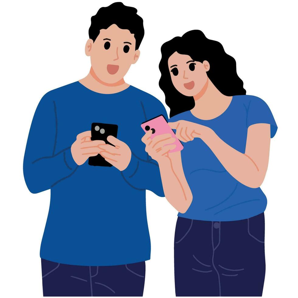 paar Mens en vrouw op zoek Bij hun telefoon vector illustratie