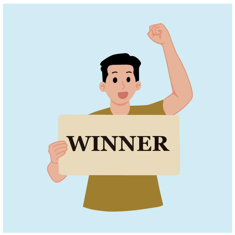 portret van trots gelukkig Mens winnend prijs loterij coupon concept vector illustratie
