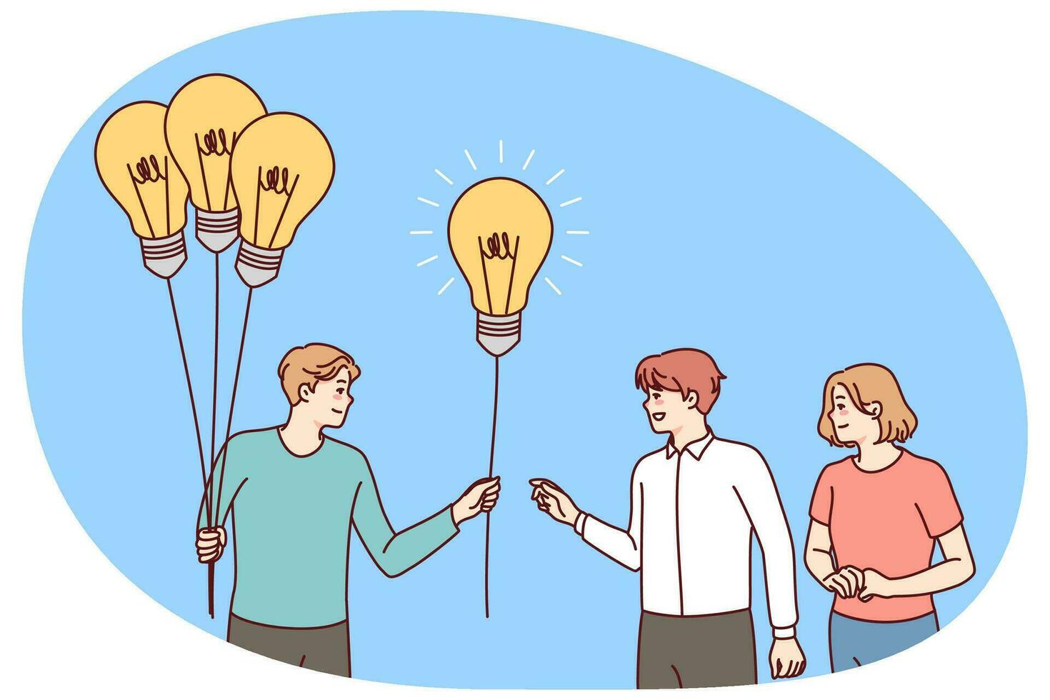 Mens met gloeilampen in handen geven bollen naar mensen. zakenman aanbod creatief bedrijf ideeën naar medewerkers. oplossing en probleem oplossen. vector illustratie.