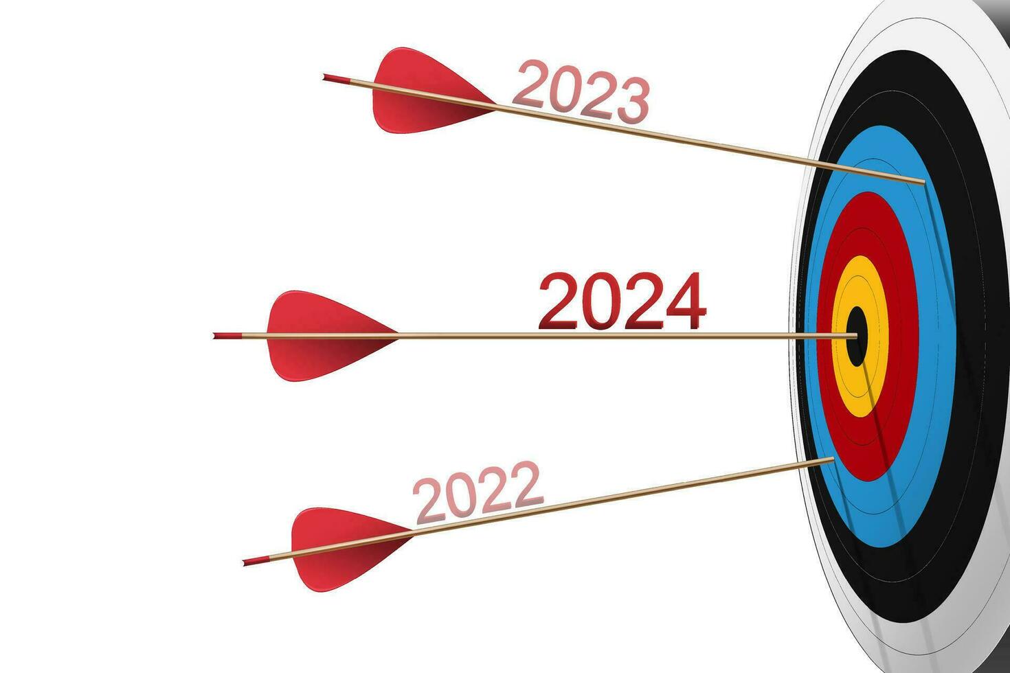 drie rood pijlen raken naar dartbord met 2024 nummer. boogschieten doelwit en in de roos. bedrijf succes, investering doel, kans uitdaging, doel strategie, prestatie focus concept vector