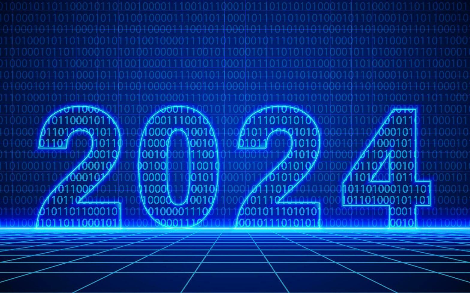 2024 aantal en binair code met neon schets tafereel Aan futuristische technologisch rooster achtergrond. digitaal cyber ruimte ontwerp, cyberpunk technologie, virtueel realiteit, wetenschap fictie Matrix backdrop vector