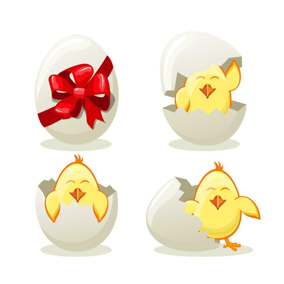 deze schattig vector tekenfilm illustratie van de werkwijze baby kip uitkomen van een ei. grappig en leerzaam illustratie voor kinderen. Pasen eieren en kuikens