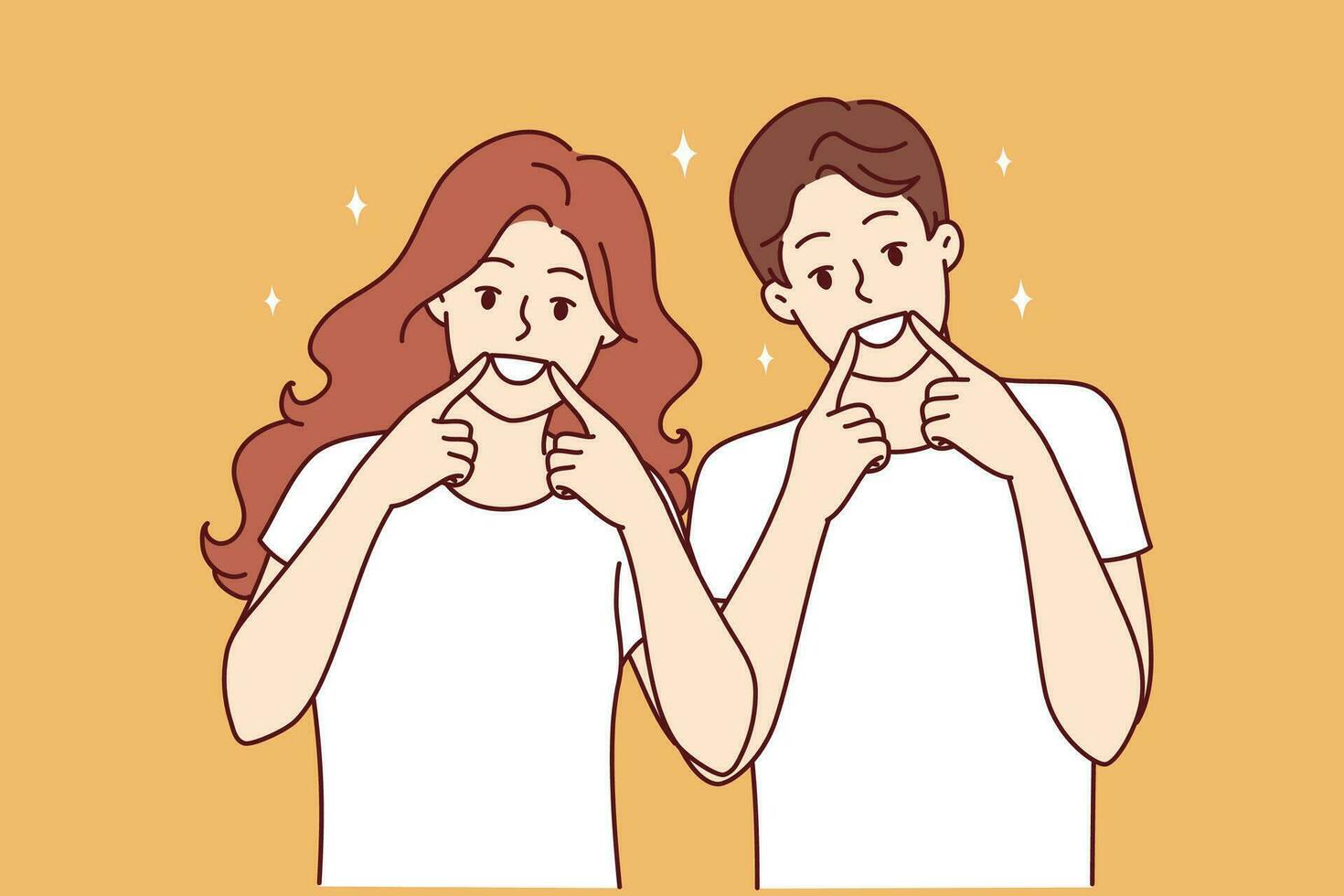 gelukkig Mens en vrouw glimlach breed en verhogen vingers naar monden, aanbevelen gebruik van bleken tandpasta. positief jong paar tonen positief houding en nep vreugde Bij horen nieuws vector