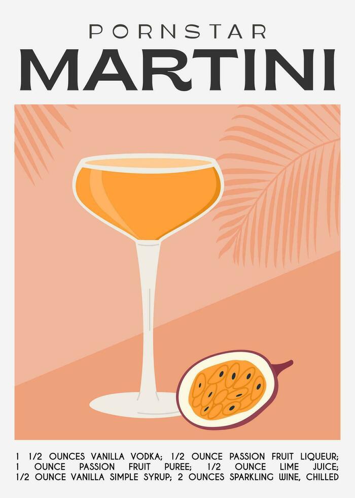 pornoster martini cocktail gegarneerd met passie fruit. klassiek alcoholisch drank recept. zomer aperitief poster. minimalistische modieus afdrukken met alcoholisch drankje. vector vlak illustratie.