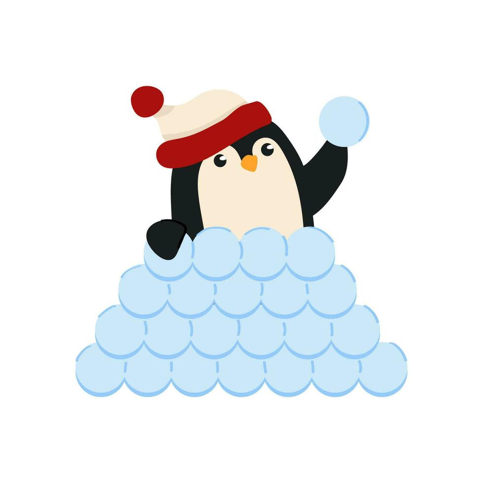 schattig tekenfilm stijl vector illustratie van een pinguïn spelen sneeuwballen. Kerstmis dier.
