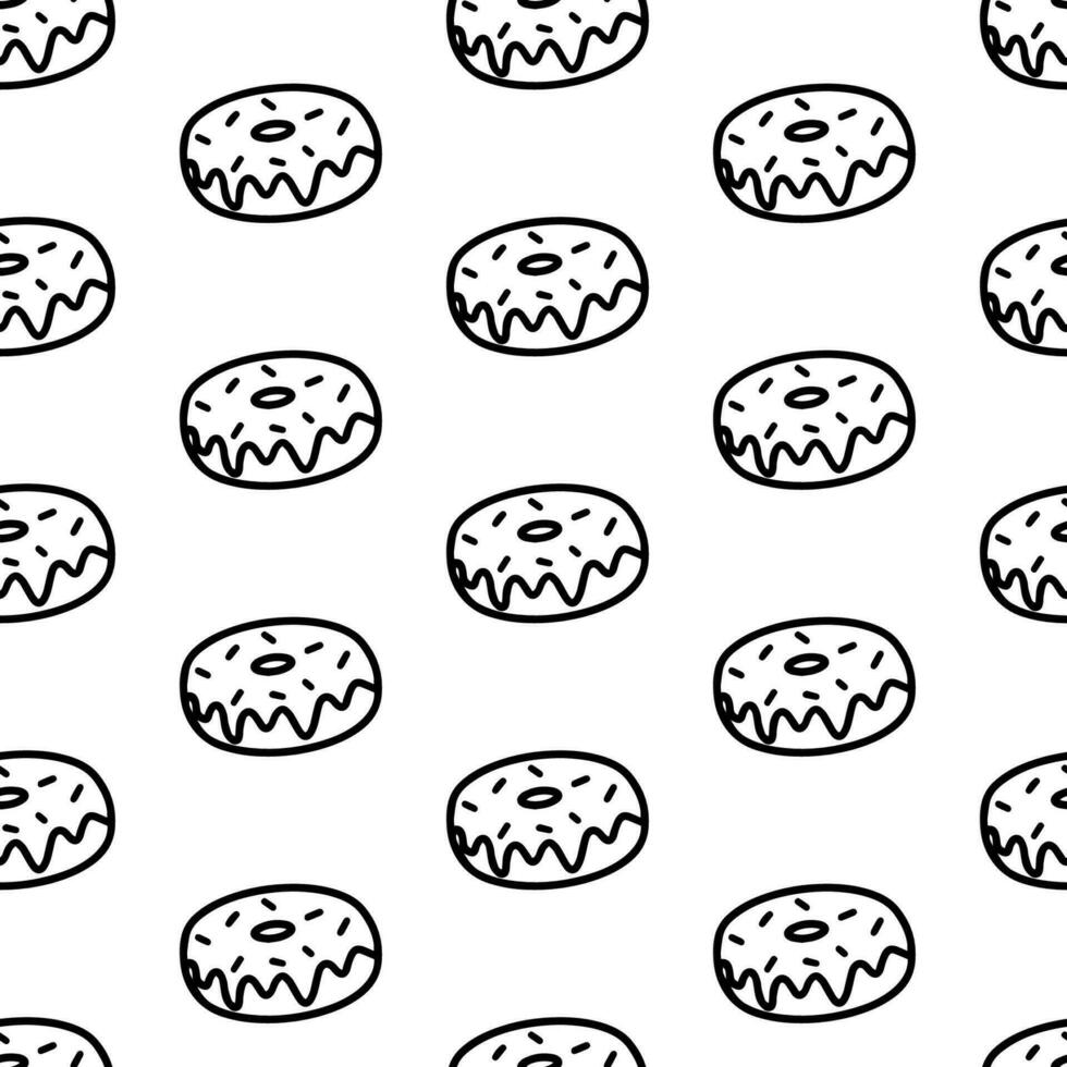 donut naadloos patroon. tekening donut patroon met zoet glazuur en hagelslag. tekenfilm donut wikkel, behang voor cafe of restaurant decoratie menu. nationaal donut dag, schets volwassen kleur bladzijde vector