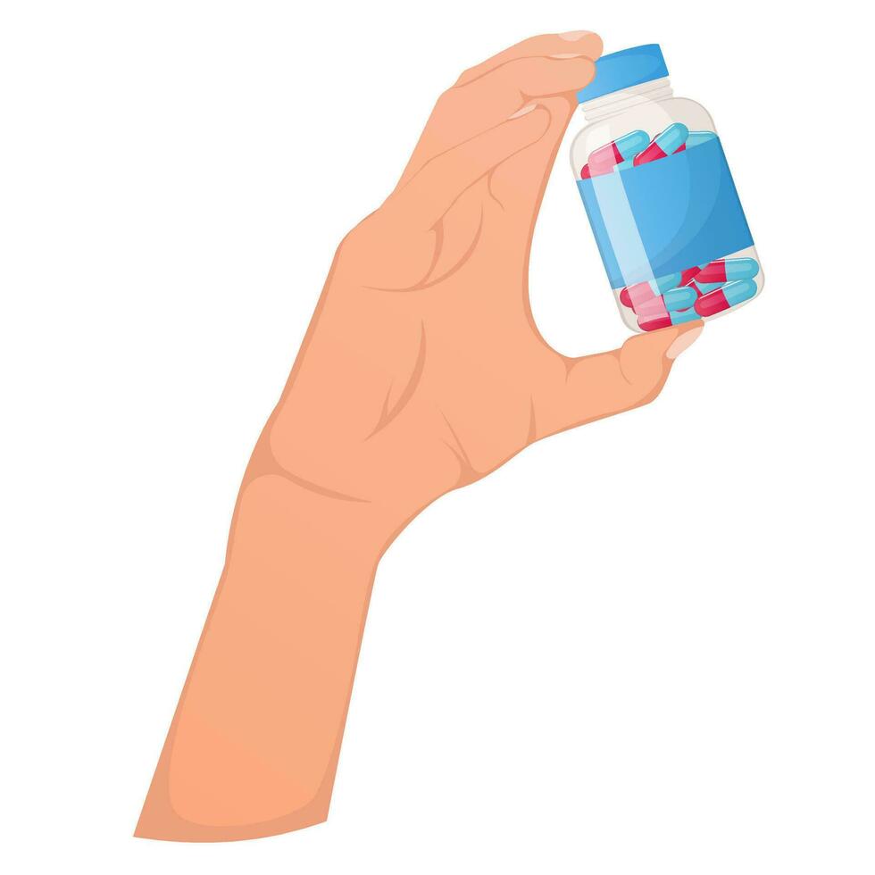 hand- Holding een fles met medisch capsules geïsoleerd Aan wit vector