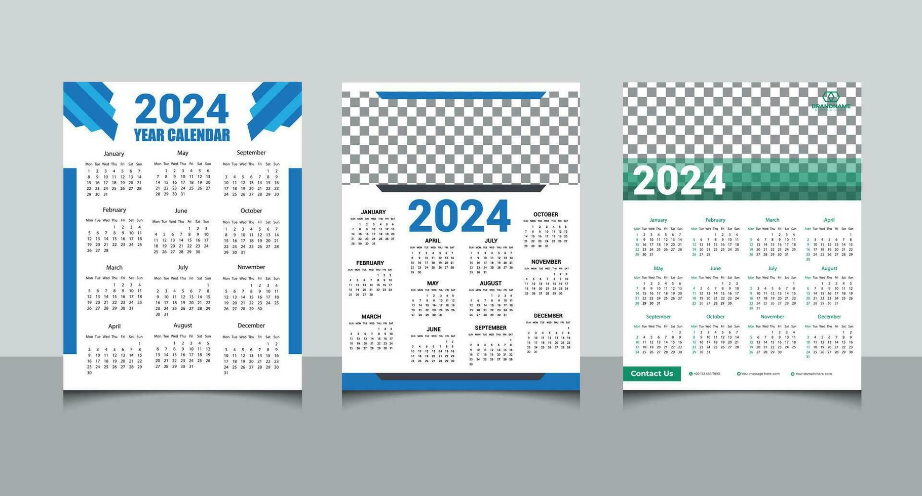 drie sets een bladzijde muur kalender ontwerp sjabloon voor 2024-jaar, 2024 muur kalender ontwerp. vector