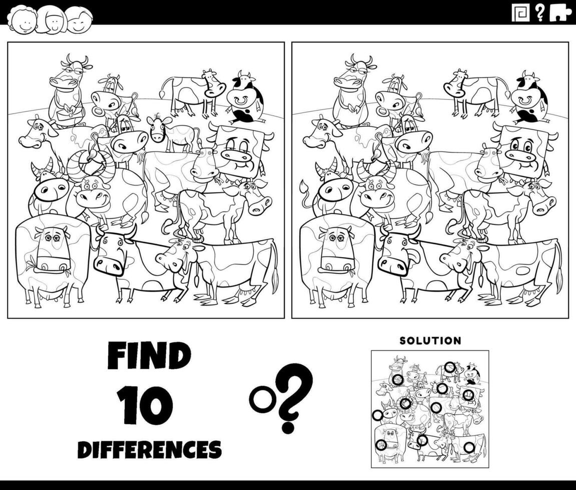 verschillen spel met tekenfilm boerderij koeien kleur bladzijde vector
