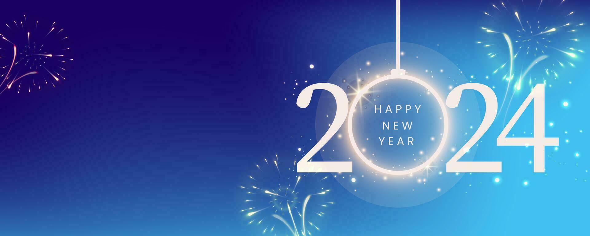 nieuw jaar vuurwerk en gouden getallen 2024, blauw achtergrond. viering nieuw jaar vooravond. banier of groet kaart voor vrolijk Kerstmis en gelukkig nieuw jaar, vector illustratie.