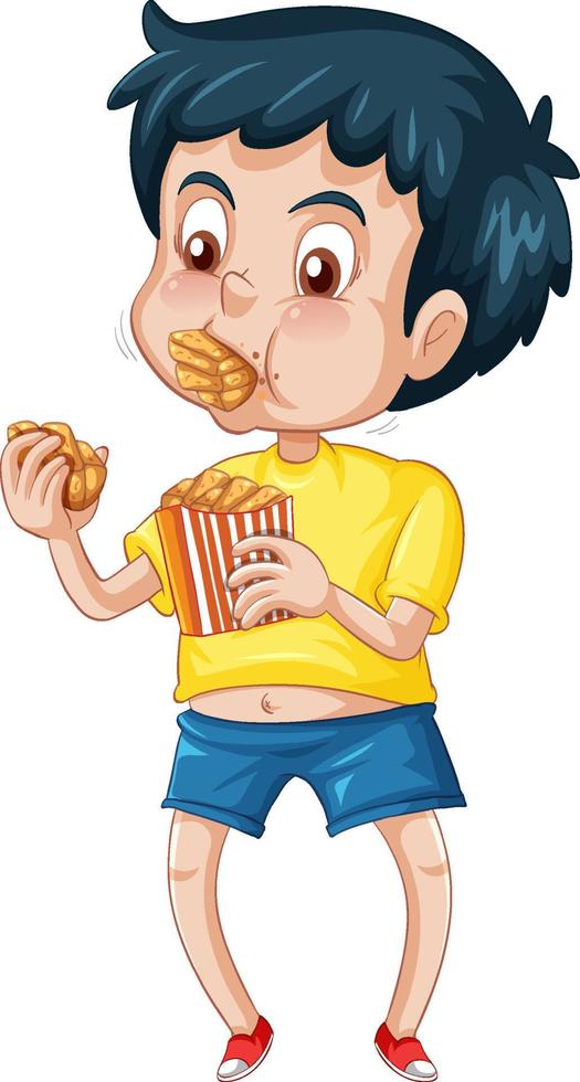 een jongen die fastfood eet op een witte achtergrond vector