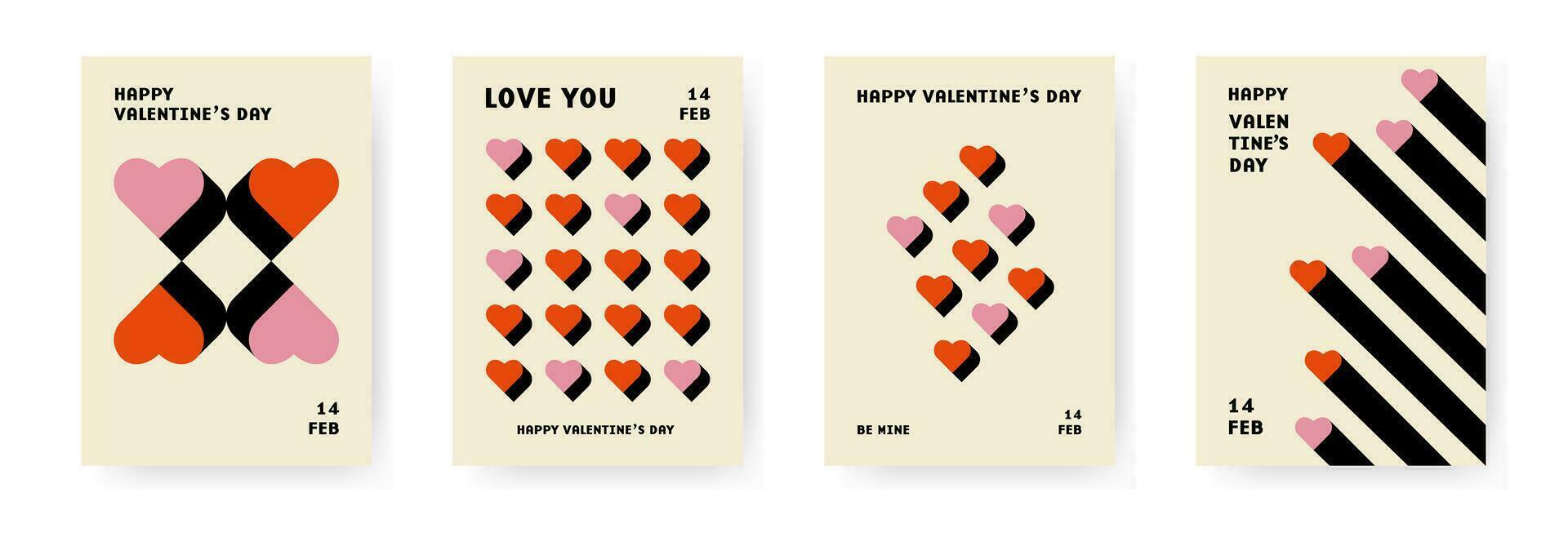valentijnsdag dag bauhaus poster sjabloon set. hart vorm met schaduw in modern stijl. vector ontwerp voor banier, kaart, Hoes