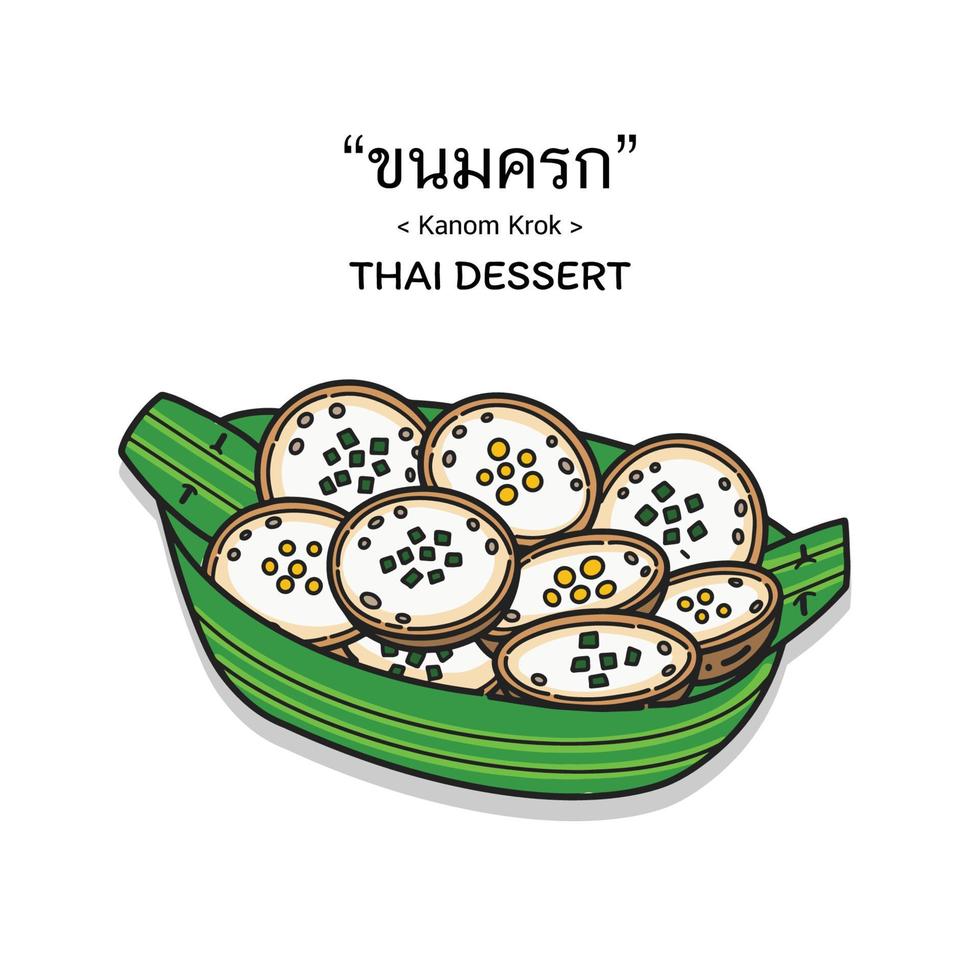 schattige handgetekende Thaise desserts -kanom krok op bananenblad. vector