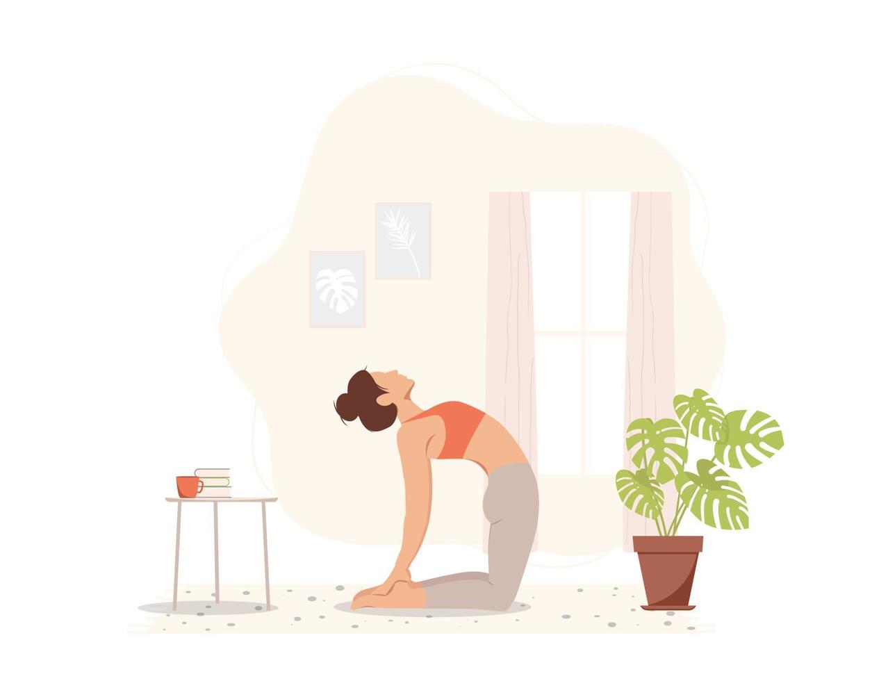 meisje beoefent yoga thuis. kameel pose. lessen thuis tijdens quarantaine. vector illustratie