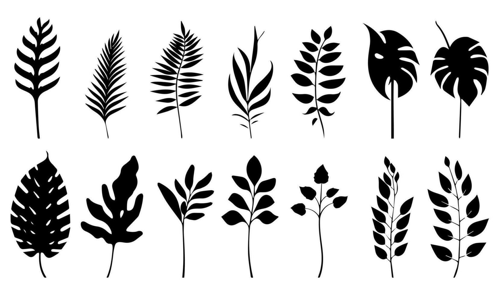 reeks van zwart silhouetten van bladeren en bloemen. vector illustratie.