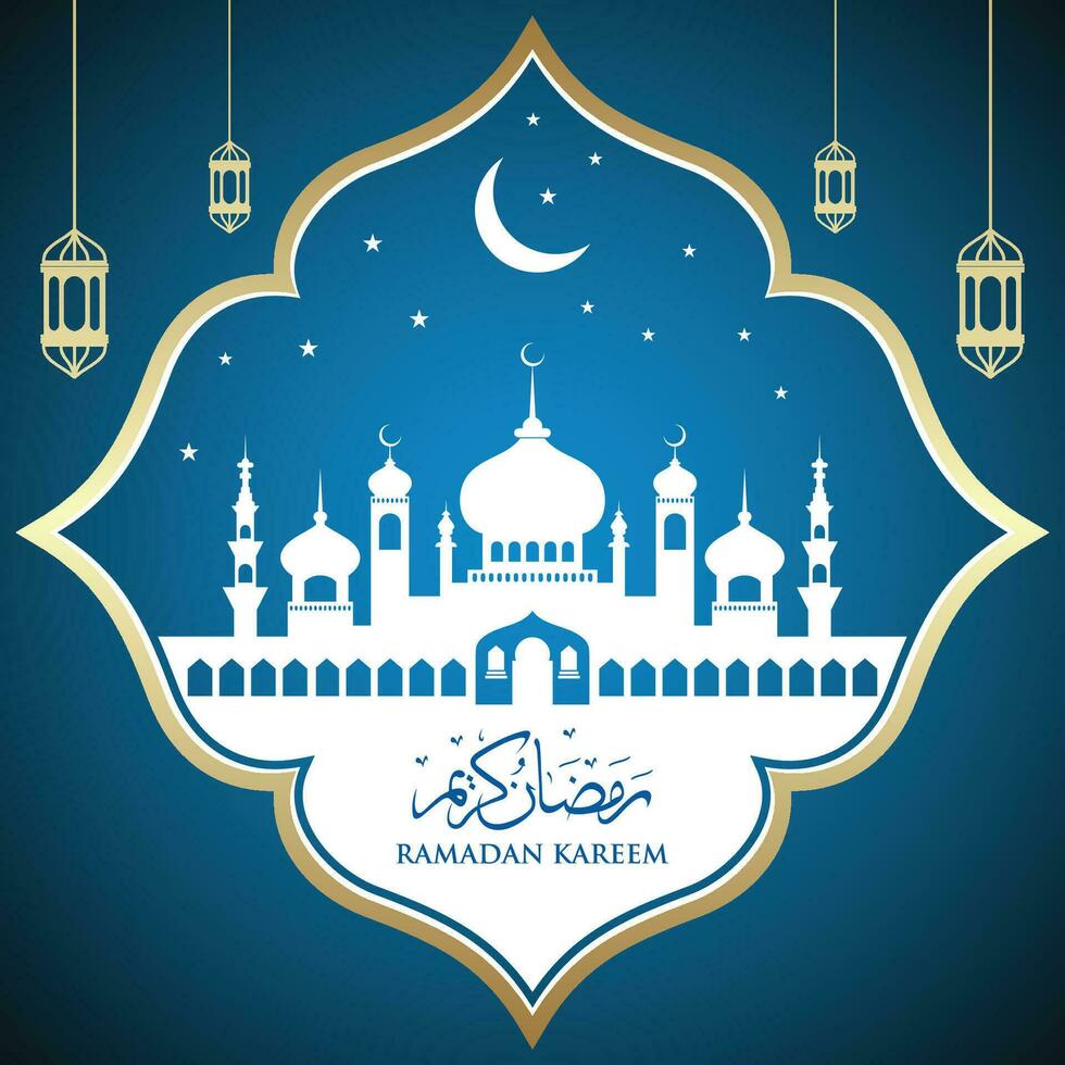 Arabisch Islamitisch schoonschrift tekst Ramadhan kareem met moskee silhouet. vector