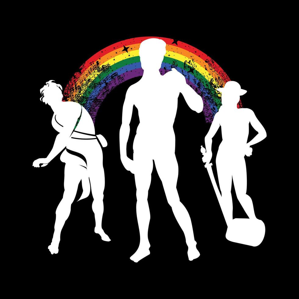 t-shirt ontwerp van drie silhouetten van mannen Verenigde door een regenboog. mooi zo illustratie voor homo trots, drie sculpturen van david, gemaakt door michelangelo, Bernini en Rafaël. vector