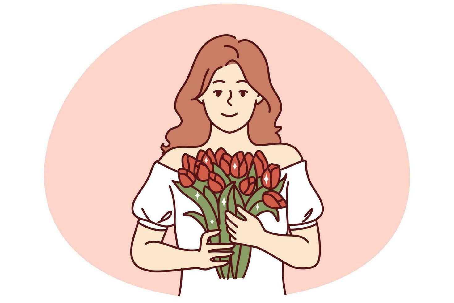 portret van glimlachen vrouw Holding bloemen in handen. gelukkig meisje met boeket gevoel gelukkig vieren verjaardag verjaardag. vector illustratie.