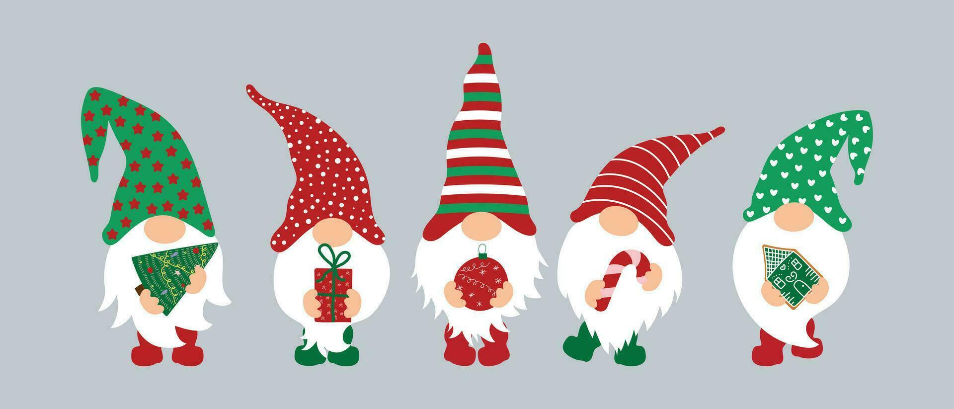 Kerstmis kabouters met boom, geschenk, snoep, peperkoek en bal. vector