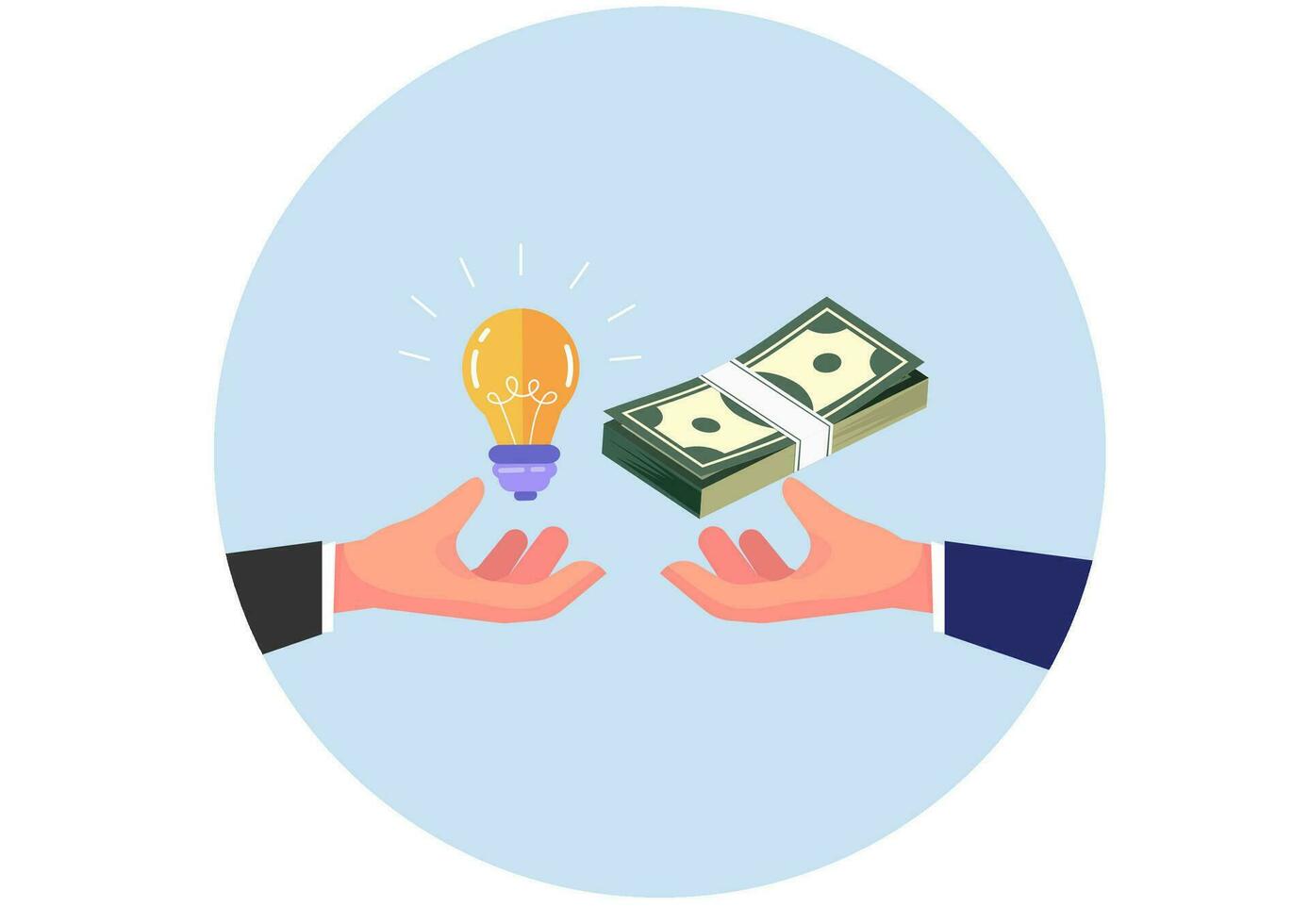 hand- met licht lamp en andere hand- geven geld. crowdfunding, innovatie, idee, investeringen concept. vlak stijl pictogrammen. geïsoleerd. vector illustratie