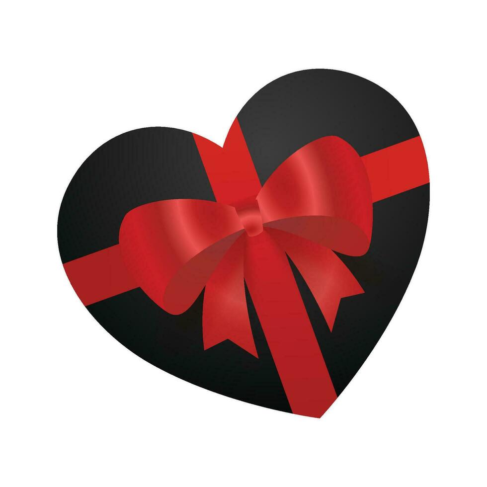 vector zwart hart vormig geschenk doos met rood boog