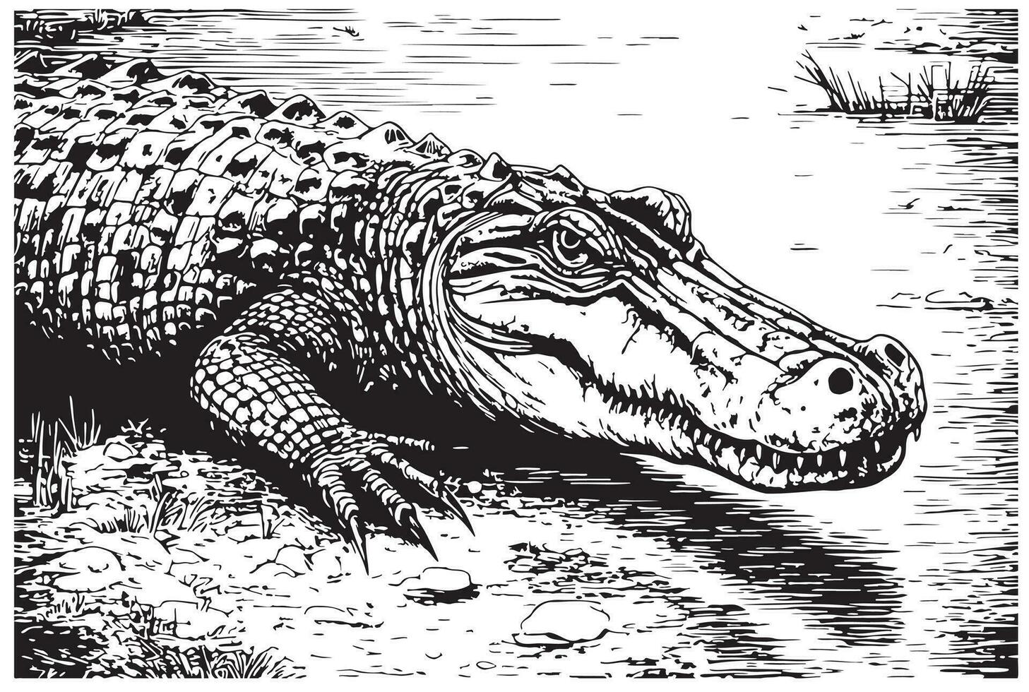 krokodil in rivier- schetsen hand- getrokken in tekening stijl vector illustratie