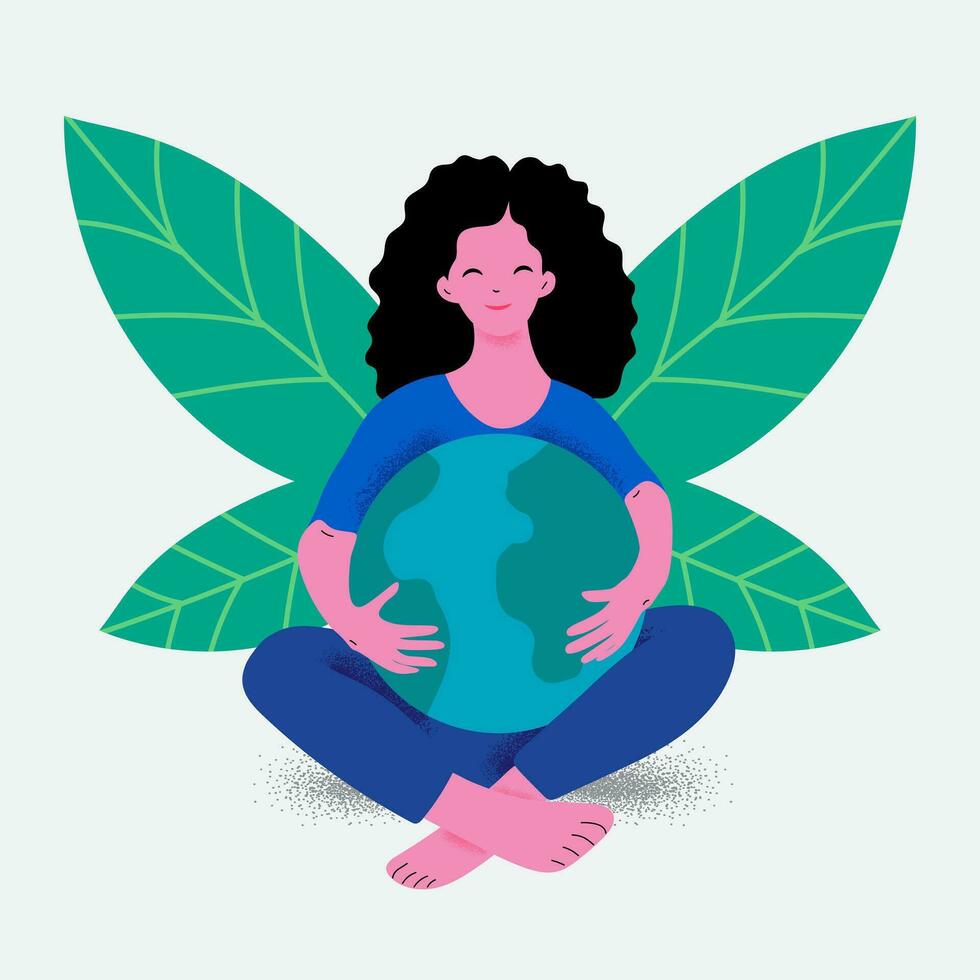 vrouw Holding planeet aarde. ecologie concept. aarde dag. wereld milieu dag. menselijk knuffels aarde. bescherming, ecologie behoud, opslaan planeet. meisje met bladvormig Vleugels nemen zorg van wereld wereldbol vector