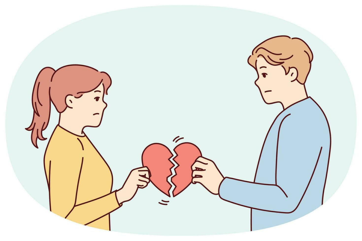 ongelukkig paar Holding gebroken hart lijden na Uitmaken of splitsen. van streek Mens en vrouw breken omhoog verhoudingen. liefde einde en familie scheiding. vector illustratie.