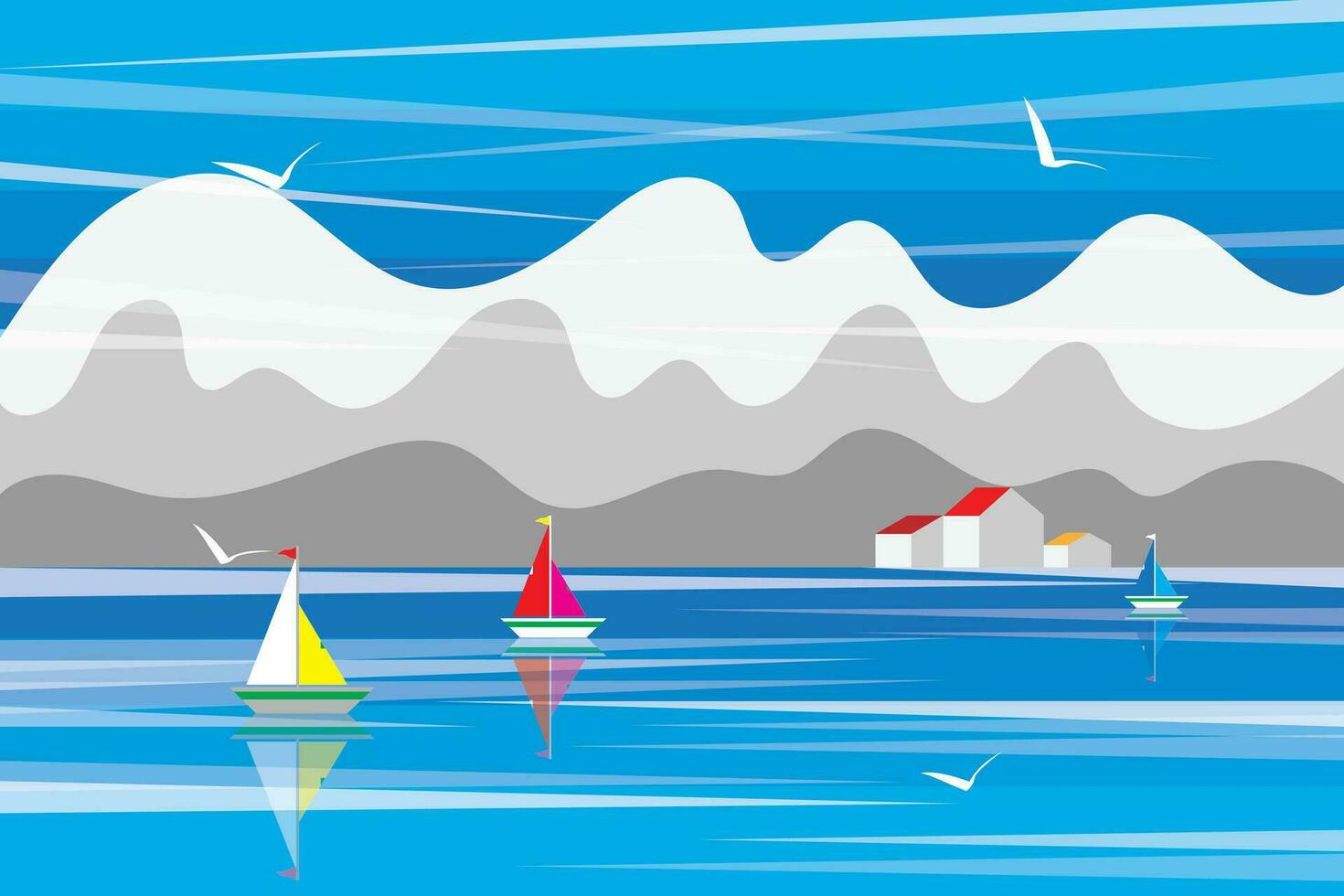 illustratie abstract van het zeilen boot Aan de meer met berg en blauw lucht achtergrond. vector