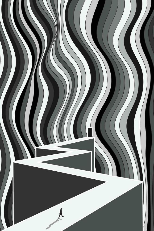 abstract minimaal silhouet Mens wandelen Aan zigzag manier in de zwart deur met grijs kromme achtergrond. vector