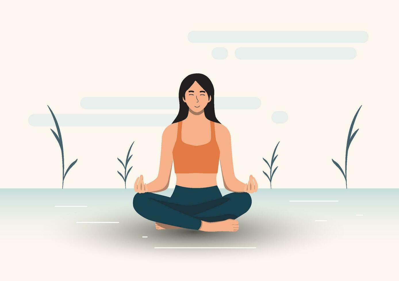 meditatie, de vrouw zit met gekruiste benen naar mediteren naar kalmte haar verstand. geven stijgen naar nieuw werk ideeën vector illustratie blauw toon achtergrond