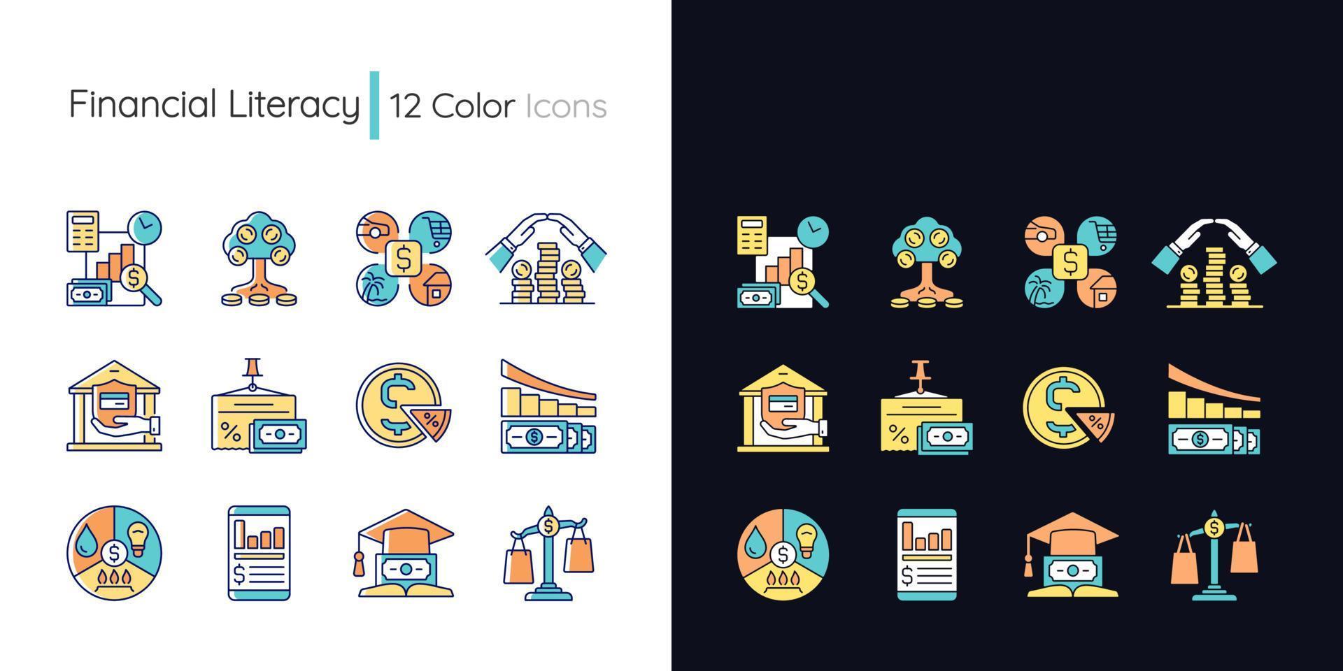 financiële geletterdheid lichte en donkere thema rgb kleur iconen set vector