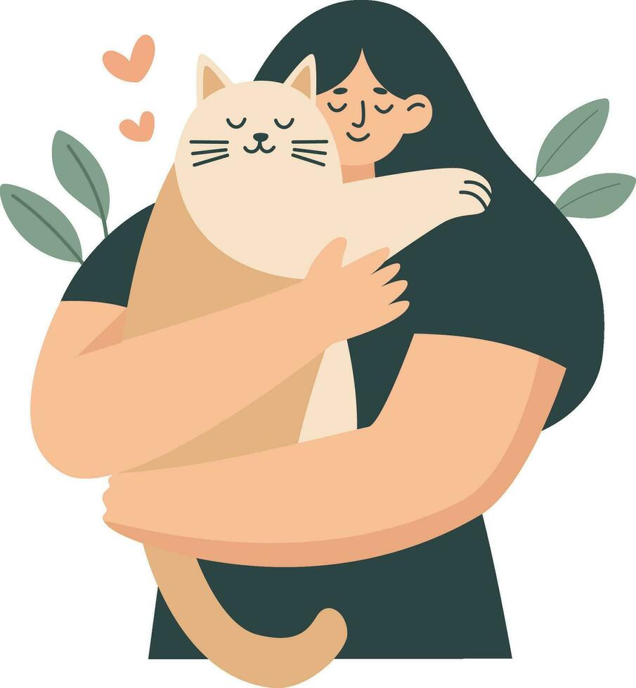 vlak vector illustratie. meisje knuffelen haar kat. concept van liefde naar dieren en voorzichtig houding
