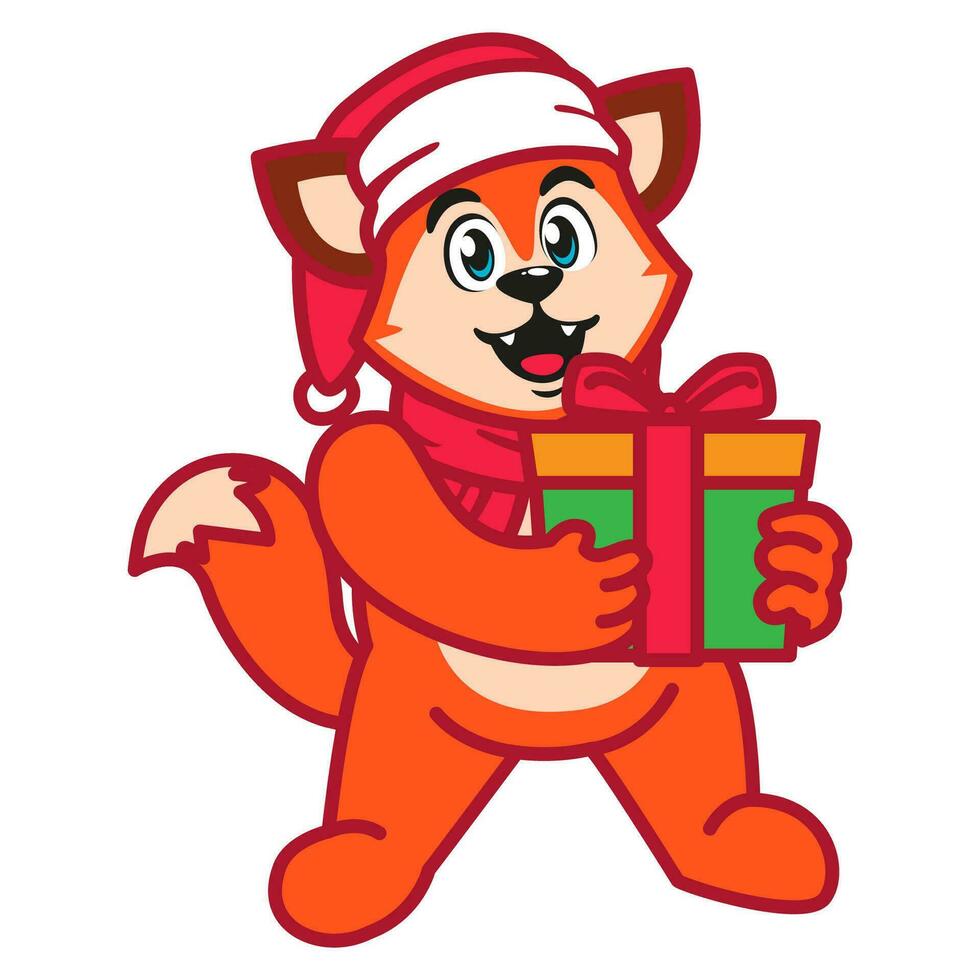 een schattig vos in een de kerstman hoed en sjaal Holding Kerstmis geschenk vector