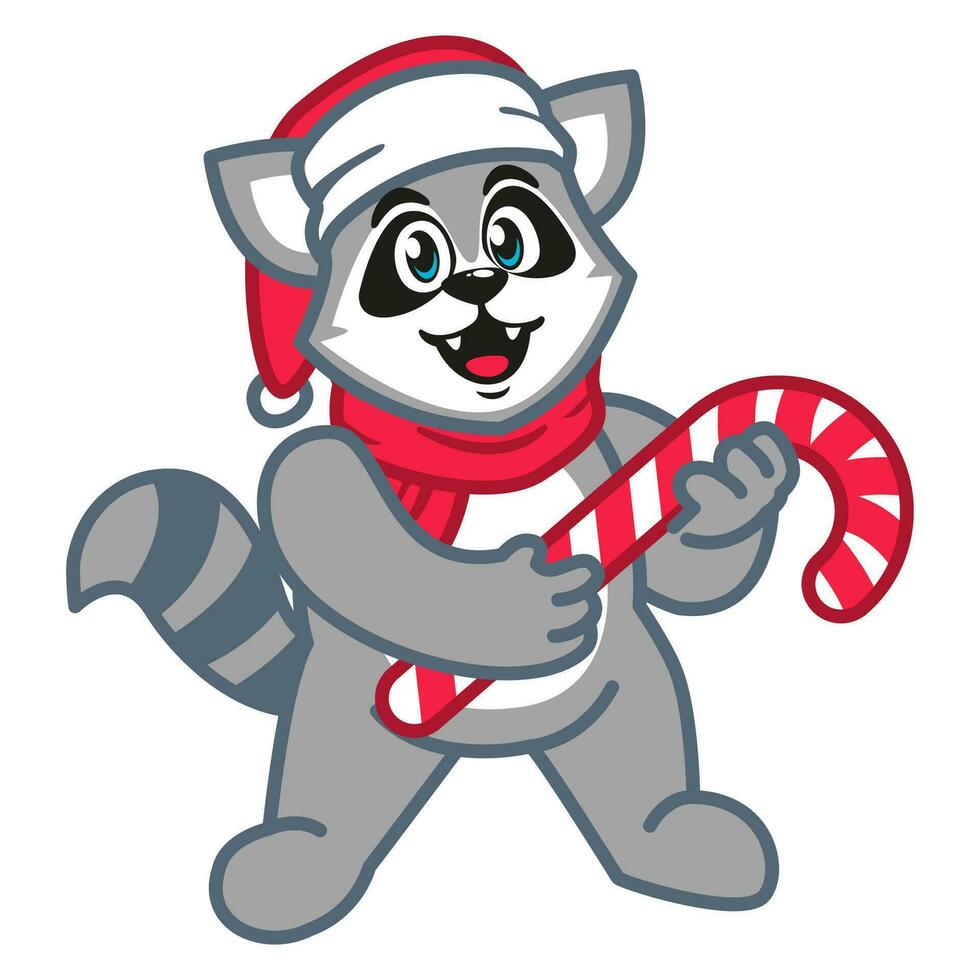 een wasbeer vervelend een de kerstman hoed en sjaal Holding een snoep riet vector